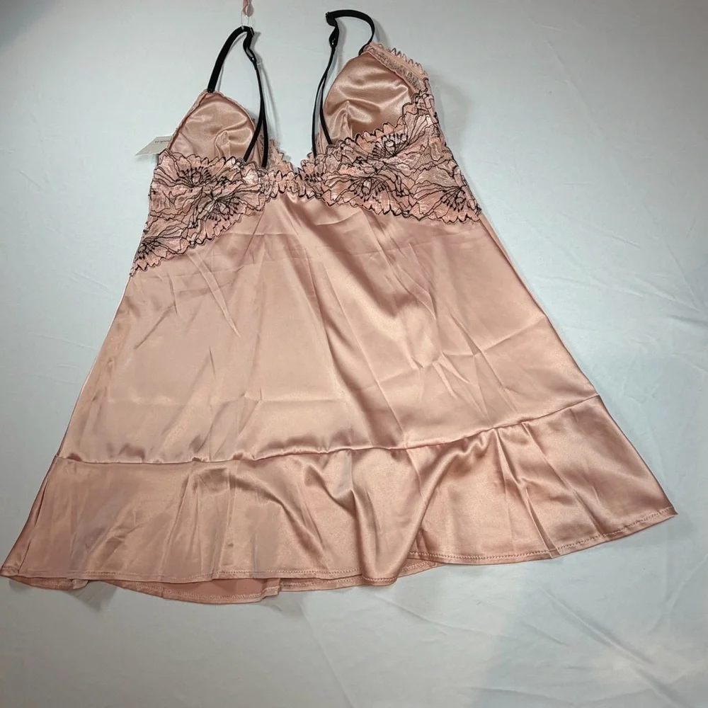 Auden Blush Pink With Black Lace Trim Silky‎ Babydoll  Lingerie Set In Medium